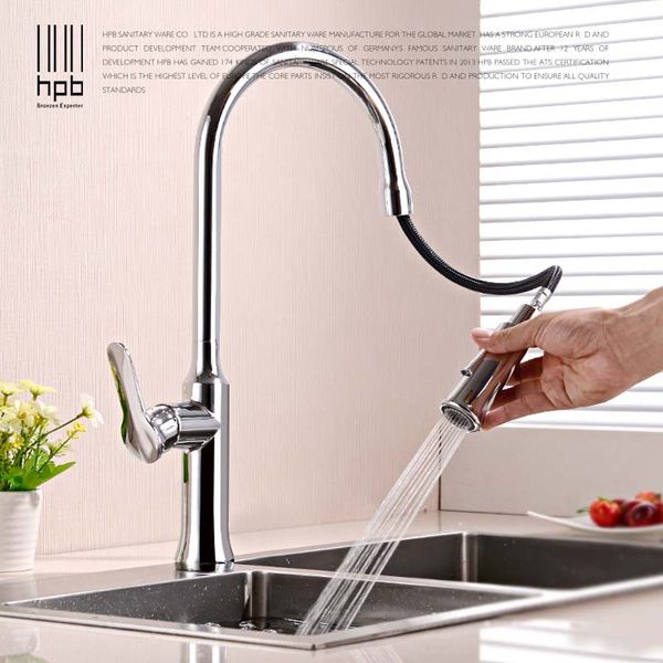 

hpb brass chrome white pull out kitchen faucet sink mixer tap single handle and cold water 360 degree rotation hp4110
