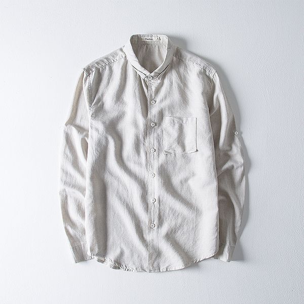 

brand fashion shirt men flax and cotton long sleeve casual shirts male solid square collar gray shirt mens 4xl chemise camisa, White;black