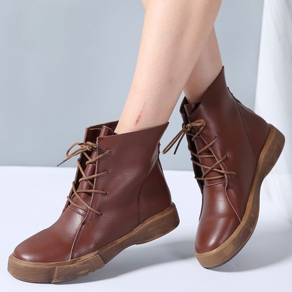 

women short boots shoes cow leather lace up round toe vintage rubber boots ladies flats boots women autumn winter, Black