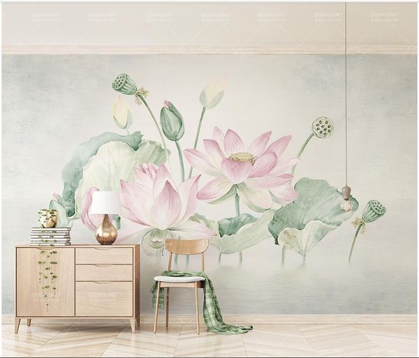 

3d wallpaper custom p small fresh pink hand-painted lotus flowers lotus leaf lotus tv background wall muals wall paper for walls 3 d