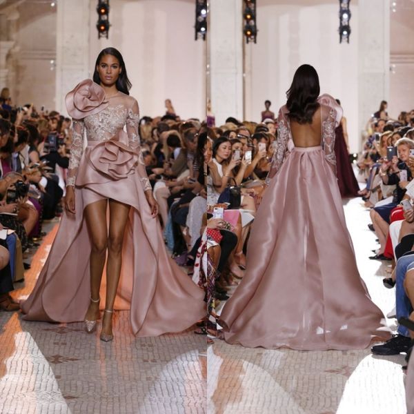 

elie saab 2019 high low пром платья с длинным рукавом кружева аппликация бисером вечерние платья спинки jewel шеи формальный конкурс вечерне, Black