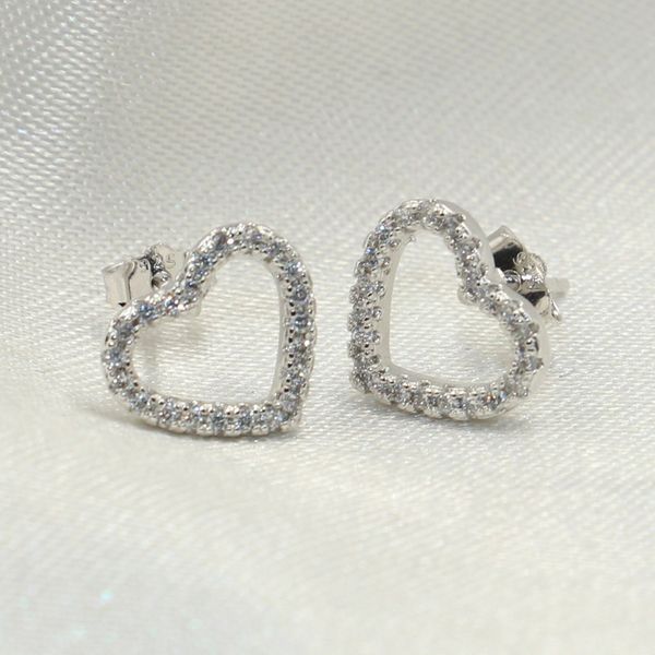 

cute girls earring brand new luxury jewelry 925 sterling silver stud earring pave hollow 5a cubic zirconia cz diamond hear earrings gift, Golden;silver