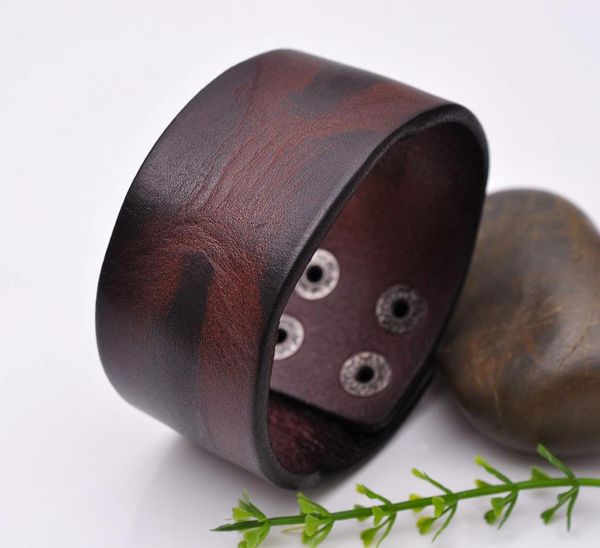 

casual punk western cowboy mens brown quality wide cowhide leather wrap belt bracelet cuff wristband bangle, Golden;silver