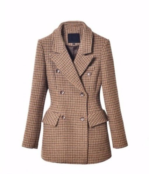 

slim wool suit jacket 2018 spring autumn new fashion elegant brown plaid women's blazers vintage office wear s18101303, White;black