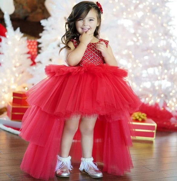 Red vestido de baile de lantejoulas vestidos da menina de flor para o casamento de alta baixo sem encosto da criança pageant vestidos de tule em camadas de natal crianças vestido de baile