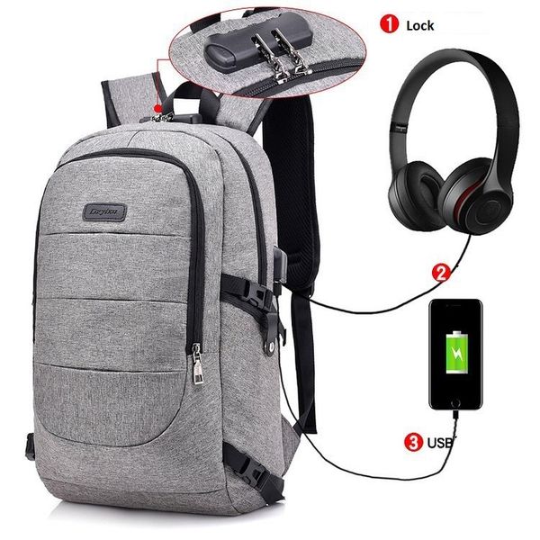 

waterproof resistant polyester lapbackpack with usb charging port and lock &headphone interface for college student bagpack