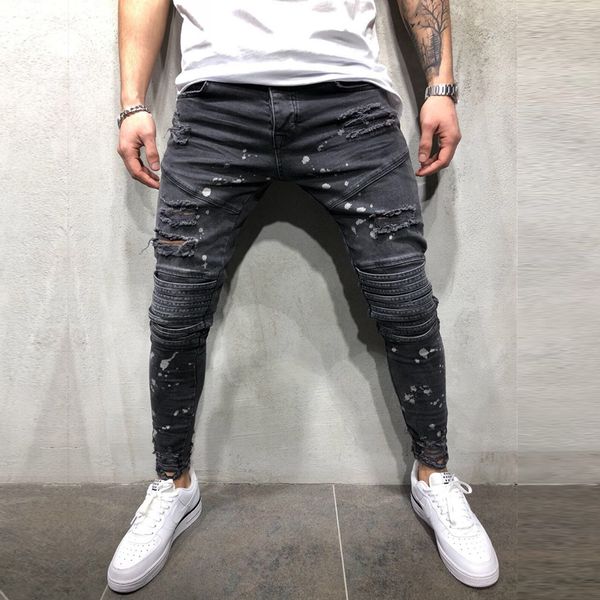 

mens ripped hole jeans slim fit distressed denim pants streetwear male hip hop black pants with rips, Blue