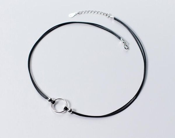 

1mm so thin) real. 925 sterling silver open circle &beads pendants double rows black cord choker torques short necklace x1367