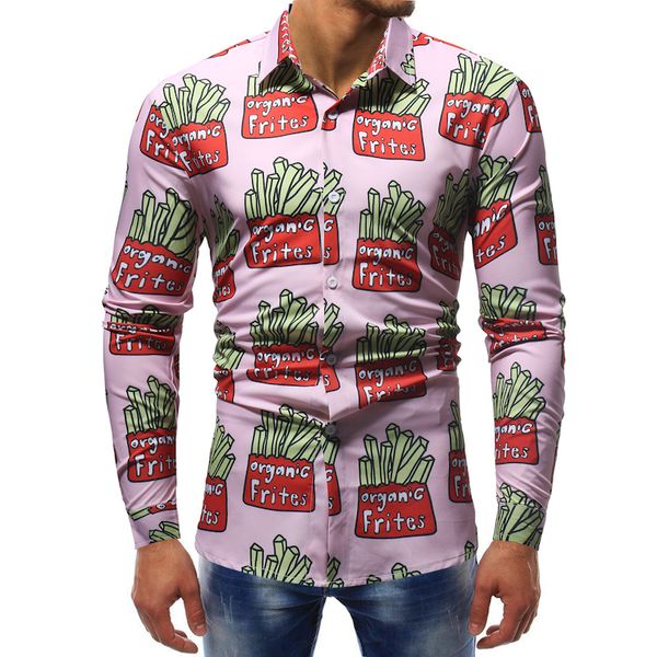 

mens designer t shirts long sleeve print frites casual dress shirts men clothes shirt collar slim men s clothing social shirts, White;black