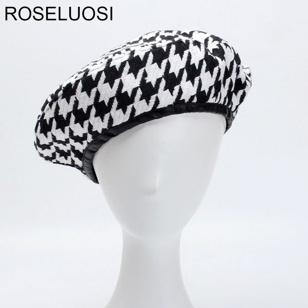 

roseluosi autumn winter fashion houndstooth berets hats for women black white bonia caps female gorras s18101708, Blue;gray