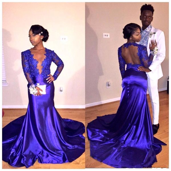 

2018 Elegant Vintage Lace Mermaid Prom Dresses Deep V-neck Long Sleeve Royal Blue Formal Dresses Evening Gowns Custom Made