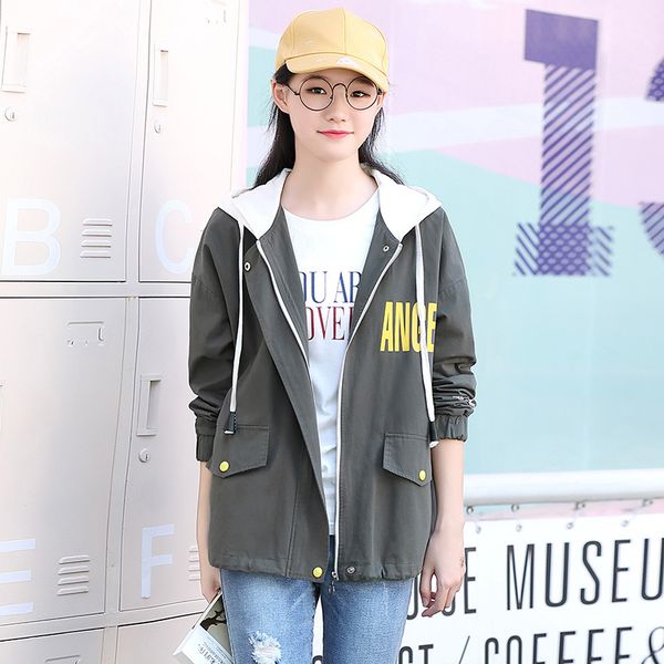 

2018 autumn hooded windbreaker jacket women casual long sleeves zipper pockets letters print coats outwear t568, Black;brown