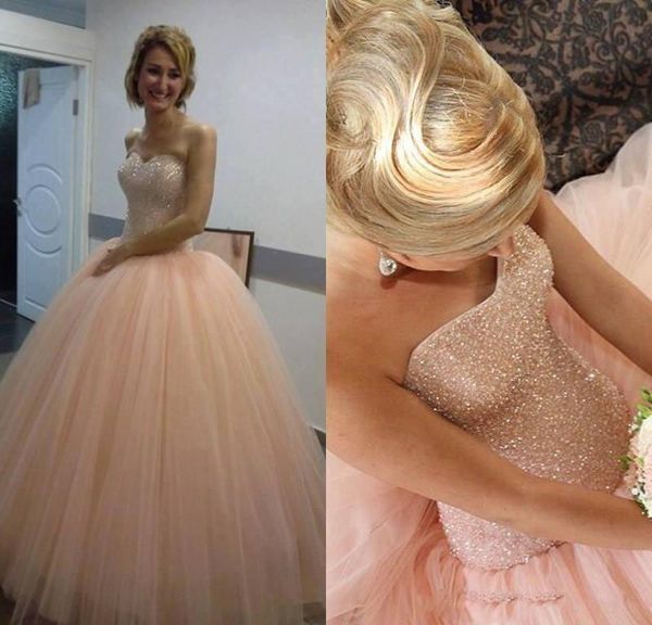 

2018 new blush pink sweetheart tulle prom dresses crystals beading lace up back ball gowns sweet 16 girls party wear, Black