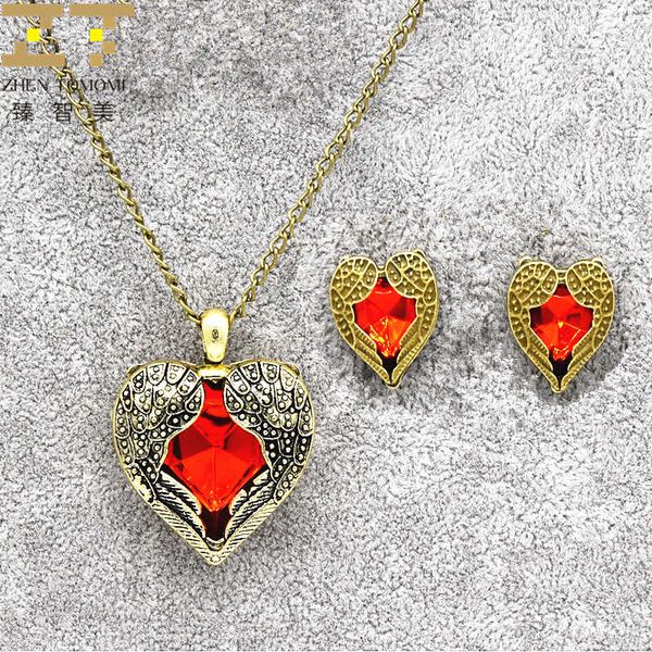 

jewelry sets for women red rhinestone retro wings peach heart pendant necklace/earrings for women jewelry sets wholesale, Silver