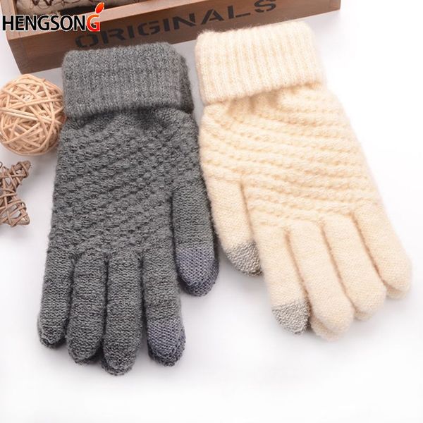 

new women warm winter knitted full finger gloves mittens girl female solid color woolen gloves screen luvas, Blue;gray