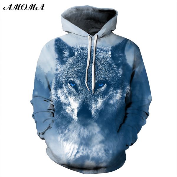 

amoma realistic 3d digital print pullover hoodie hooded sweatshirt snow wolf, Black