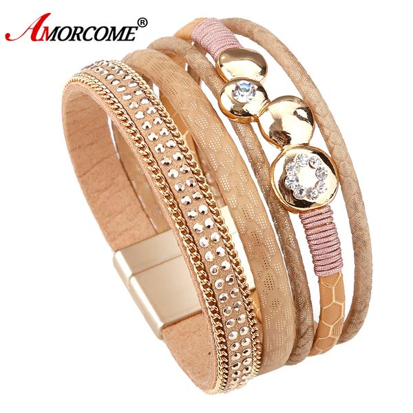 

amorcome multi layer leather bangles black light coffee light gray white for women accessories leather alloy rhinestone jewely