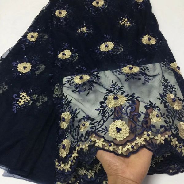 

5 yards/pc popular d.blue french net lace flower embroidery african mesh lace fabric with beads stones for dress bn79-1, Black;white