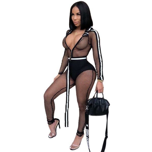 

sheer mesh bodysuit jumpsuit summer body even hat zipper long sleeve rompers womens jumpsuits for women 2018 new, Black;white