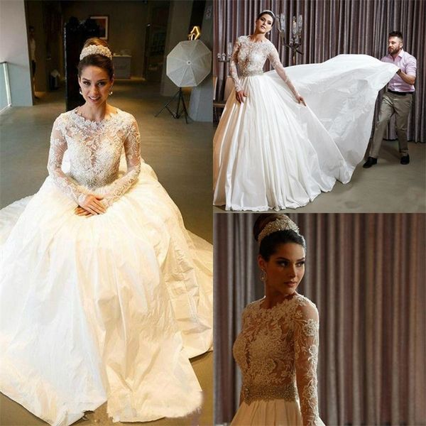 

2019 long sleeves a line wedding dresses beaded sash lace appliqued jewel neck illusion plus size satin bridal gowns, White