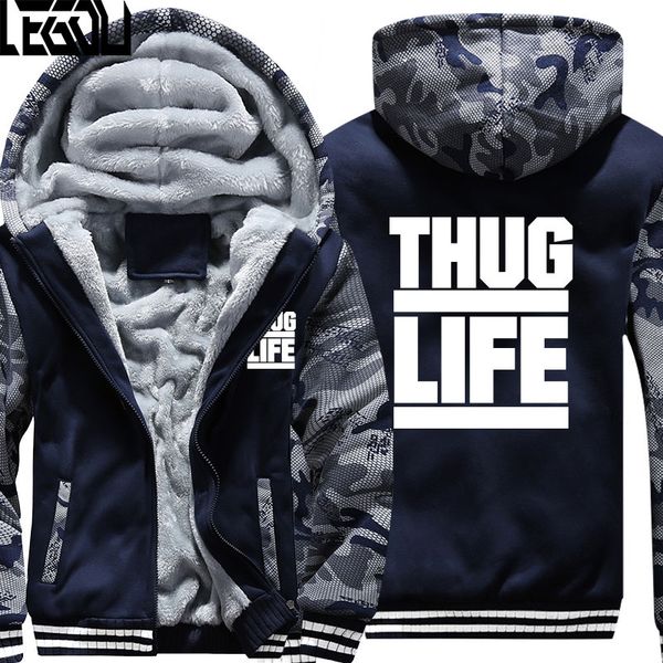 

thug life tupac 2pac hoodies men winter camouflage hoodies men zipper fleece sweatshirts coat usa size, Black
