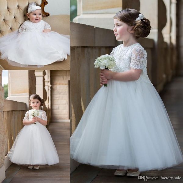 Abiti da ballo a palloncino Maniche corte Pizzo bianco Abiti da prima comunione Tulle Toddler Infant Flower Girls Pageant Gowns