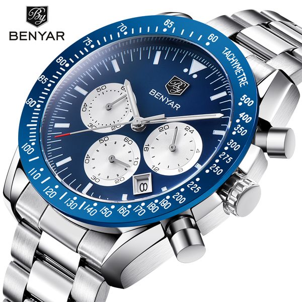 

benyar brand men sport chronograph watches all pointers work waterproof fashion steel stainless quartz watch dropshipping, Slivery;brown