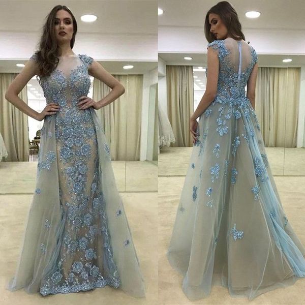 

a-line round neck cap sleeves light blue tulle prom dress with beading 3d flowers evening dress, Black