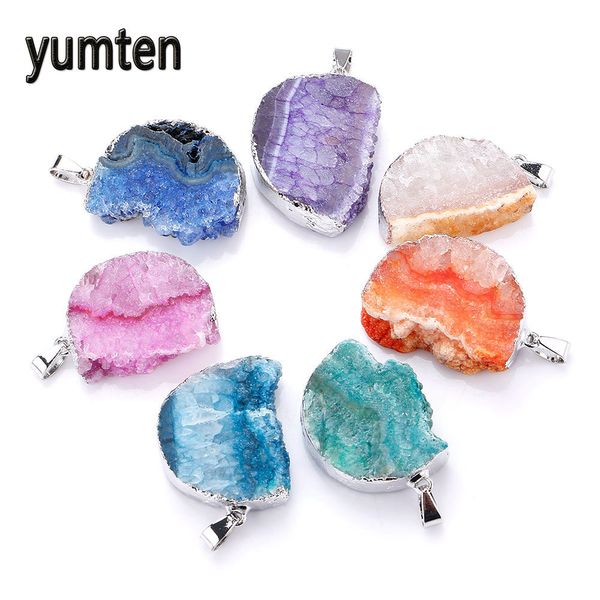 

yumten crystal pendant natural agate the geode clusters buds ribbon moon necklace silver plate collana colar feminino choker