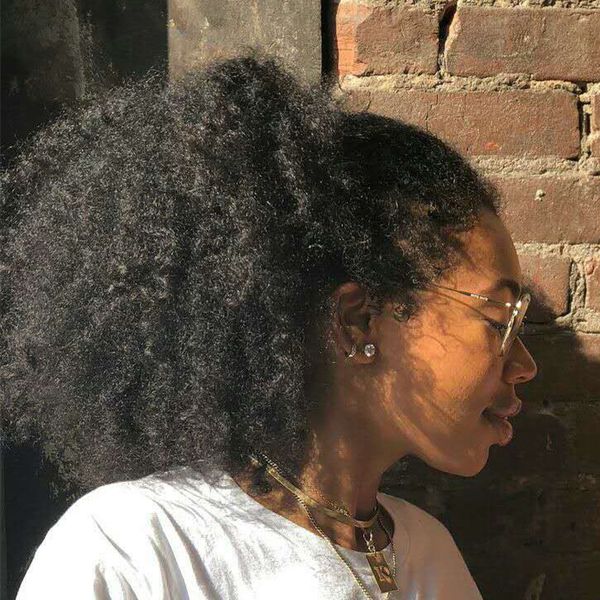 

human curly explosive head hair ponytail african american short afro kinky curly wrap human hair drawstring puff ponytail hair extensions, Black