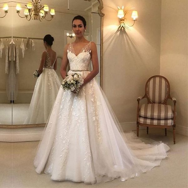 

2019 elegant lace appliques a line wedding dresses sheer neck open back tulle sleeveless long bridal gowns, White