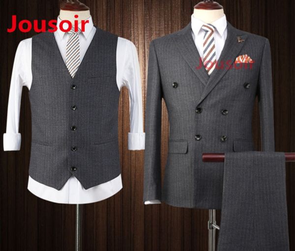 

classic fit gray striped double breasted mens slim fit3 piece suitcd5, White;black