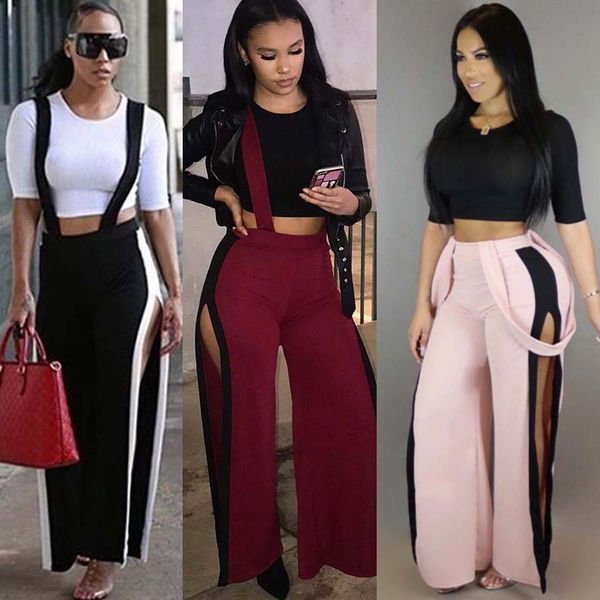

Women Crop Top Overalls Suspenders Leisure Suit Set Half Sleeves Crop Top High Split Wide Legs Casual Long Pants 2 Two Piece Set