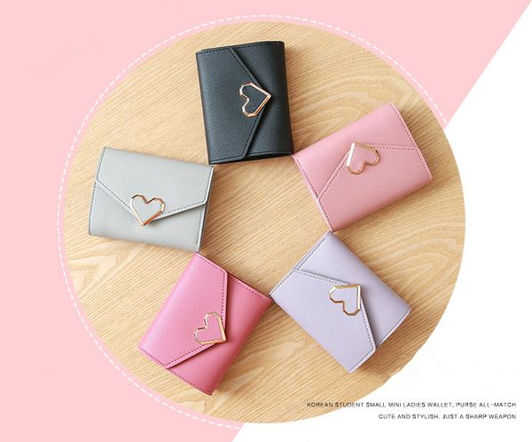 

smooth pu leather short handbag quality metal and easy access love shape snap purse 3 fold money clips 5 colors for girl lady, Black