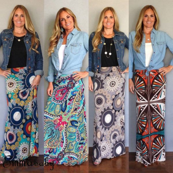 

2018 fashion women's summer beach floral print casual skirt low waist long loose skirts ca, Black