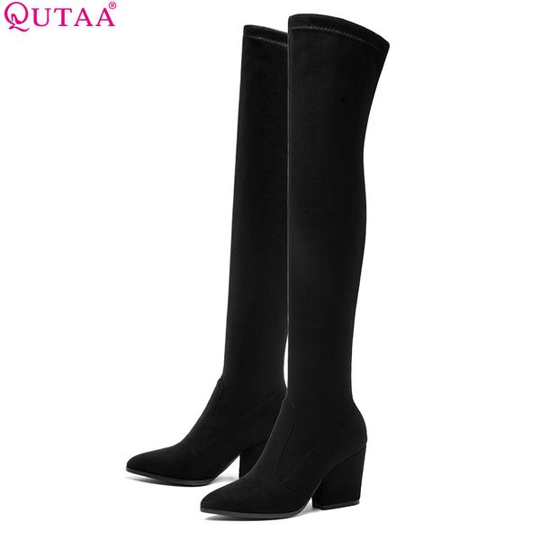 

qutaa 2019 women over the knee high boots hoof heels winter shoes pointed toe elastic fabric women boots size 34-43, Black
