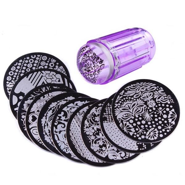 

10pcs small round nail art stamp plate with 1pcs purple stamper template image plates nail stamp plate art tools jt096, White