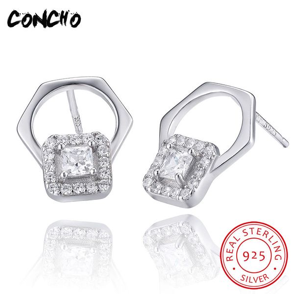 

concho jewelry 925 sterling silver geometric zircon stud earrings for women party holiday gifts 2018 hollow charms earrings, Golden;silver