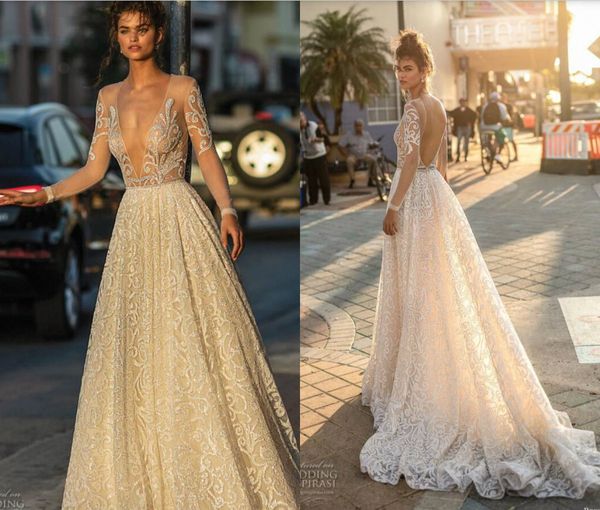 

2019 berta wedding dresses a line deep v neck sweep train backless long sleeve lace wedding gowns illusion plus size boho bridal dress, White