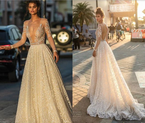 2019 Berta Gelinlik A Hattı Derin V Yaka Sweep Tren Backless Uzun Kollu Dantel Gelinlikler Illusion Artı boyutu Boho Gelin Giydirme