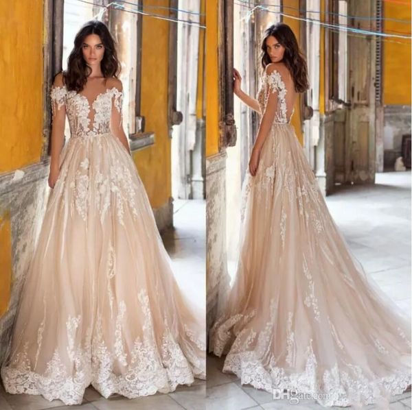 

chic lace beach wedding dresses 3d appliqued sheer jewel neck bohemian backless bridal gowns a line tulle boho beaded vestido de novia, White