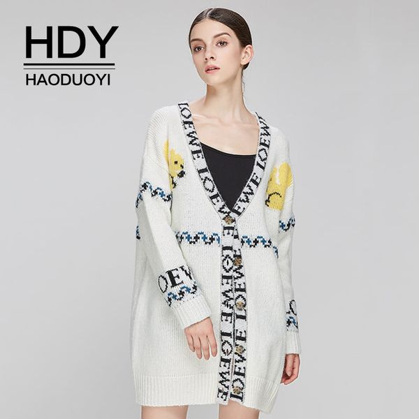 

hdy haoduoyi women sweater white cardigans letter printed knitted warm casual long sweaters 2018 autumn winter streetwear, White;black