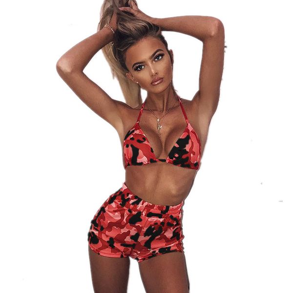 

camo two piece set summer beach outfits crop and pants short matching sets women camouflage tracksuit, Gray