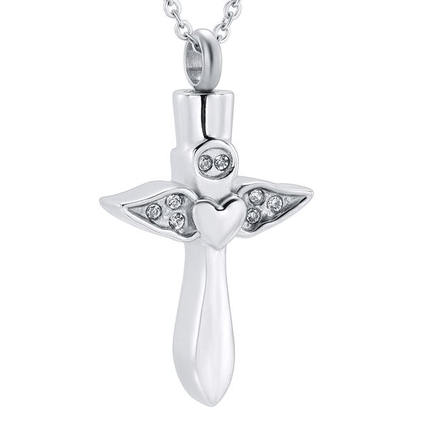 

cremation jewelry angel feather cross urn neckalce with crystal memorial ash keepsake urn pendant neckalce for pet/human funeral necklace, Silver