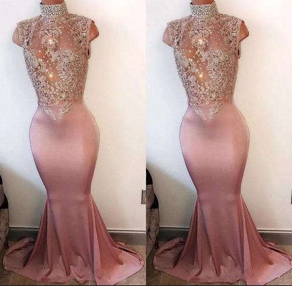 

русалка розовые платья выпускного вечера длинный жемчуг высокая шея без рукавов кружева-аппликации кристалл бисера 2k17 пром платья вечернее, Black