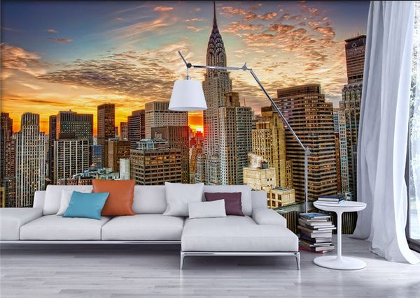 Acheter Papier Peint Photo Beau New York City Coucher De Soleil Paysage Art Photographie Fond Mur 3d Mural Salle à Manger Décor à La Maison Fresque De