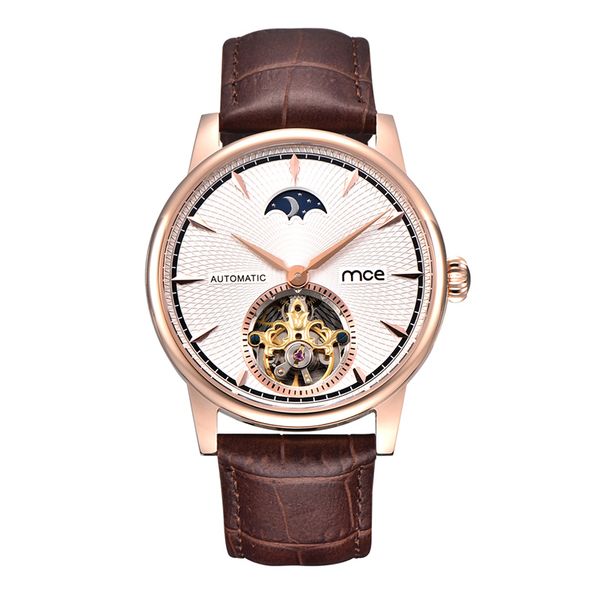 

mce brand oem logo rose gold case skeleton moon phase movement automatic mechanical watch for men, Slivery;brown