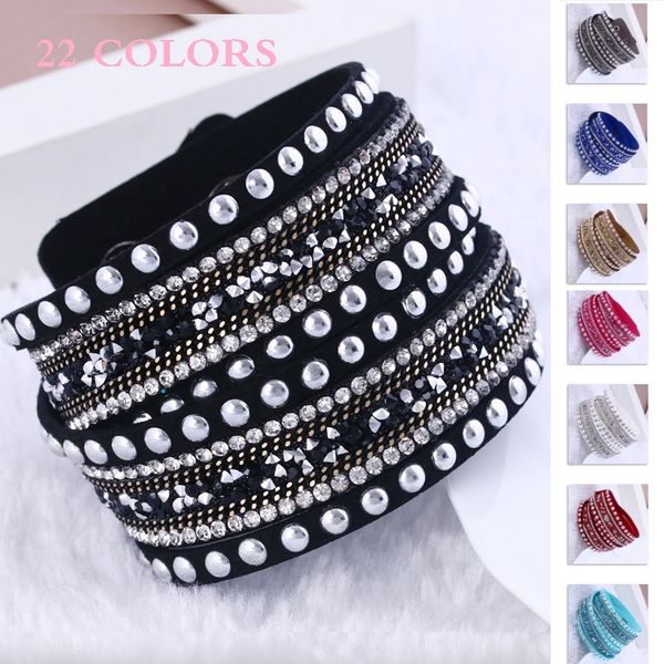 

rhinestones multilayer wrap bracelets slake flocking leather charm bangles with sparkling crystal women sandy beach fine jewelry gift, Golden;silver