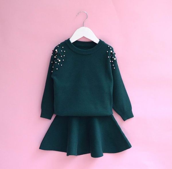 

2018 autumn new girl clothing sets solid color beading long sleeve sweater+skirt 2pcs outfits children clothing 2-6y b64, White