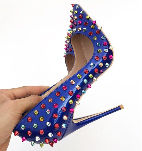 

classic rivets, ladies' pumps, luxurious blue dots, toes, high heels, spikes, high heels, formal dinner, women's shoes, 10 yards.